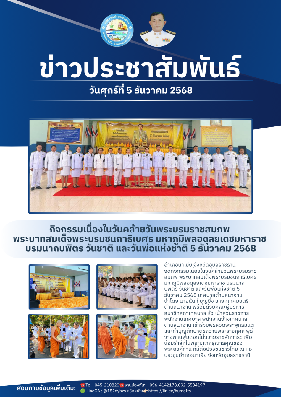 กิจกรรมเนื่องในวันคล้ายวันพระบรมราชสมภพ พระบาทสมเด็จพระบรมชนกาธิเบศร มหาภูมิพลอดุลยเดชมหาราช บรมนาถบพิตร วันชาติ และวันพ่อแห่งชาติ 5 ธันวาคม 2568