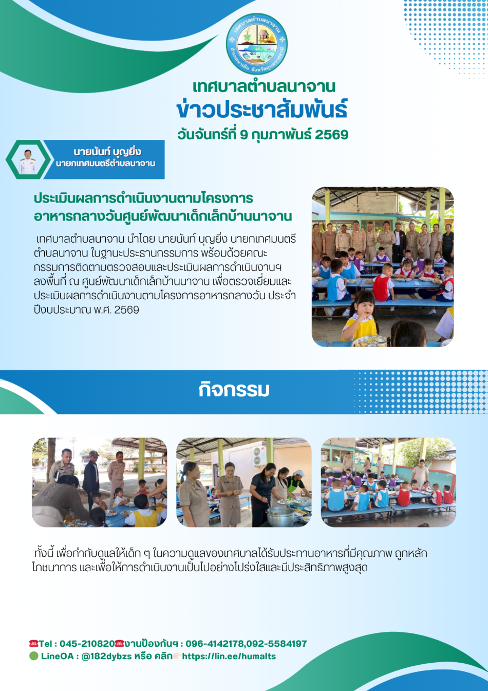 ประเมินผลการดำเนินงานตามโครงการอาหารกลางวันศูนย์พัฒนาเด็กเล็กบ้านนาจาน ประจำปีงบประมาณ พ.ศ. 2569 
